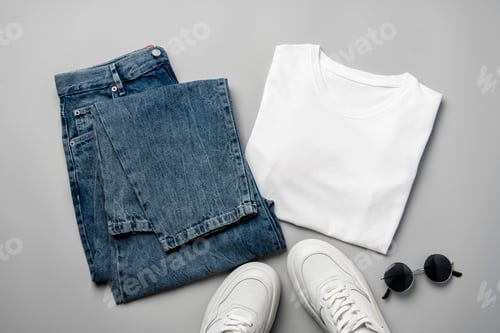 Preview: T-shirt, jeans and white sneakers on gray background top view