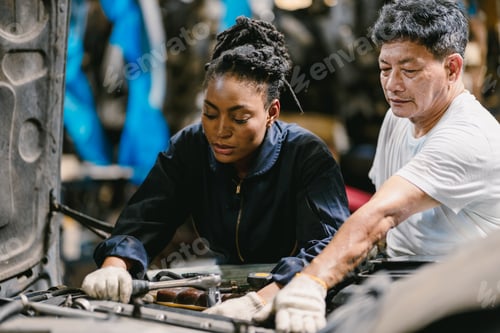 Preview: Engineer team working together helping fix service broken car. Women mechanic training in Garage wor