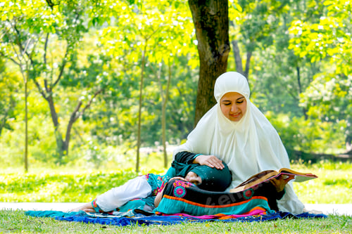Preview: Muslim mother read religion textbook while her daughter lay down to her lap