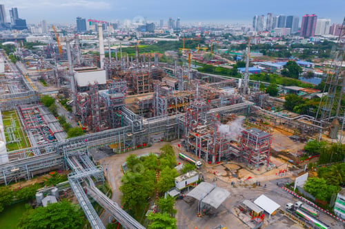 Preview: Petrochemical oil refinery in Bangkok City, Thailand. Oil and gas tanks in industry factory.
