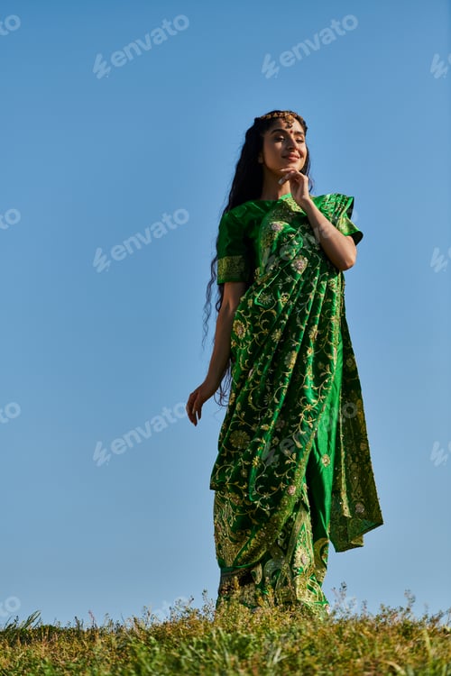 Aperçu: young indian woman in elegant traditional sari in green field under blue sky, summer happiness