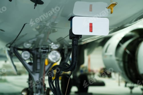 Preview: Detailed view of aircraft maintenance equipment and connectors inside a hangar during