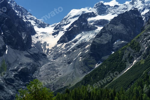 Preview: Mountain landscape along the road to Stelvio pass at summer. Glacier