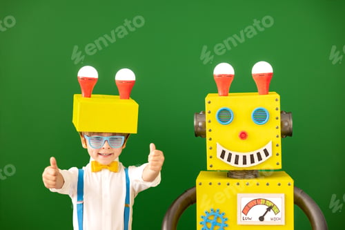Preview: Happy child with toy robot in class