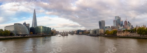 Preview: Panoramic View of River Thames and City Skyline during morning sunrise. City of London