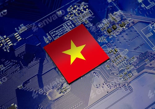 Preview: Flag of Vietnam on CPU operating chipset computer electronic circuit board