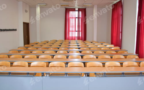 Preview: Empty Lecture Hall with Rows of Wooden Chairs
