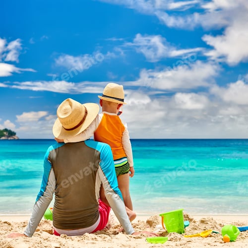 Preview: Three Year Old Toddler Boy On Beach With Father. Summer Family Vacation At At Seychelles, Mahe.