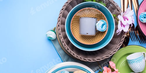 Preview: Tableware dish set on blue pastel background