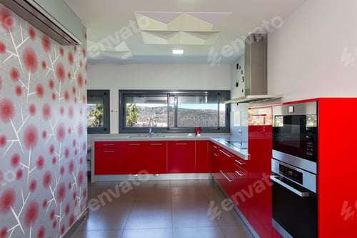 Preview: modern kitchen in red, with exterior view. Interior design of house.