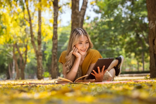 Preview: Asian woman using tablet in the yellow flower garden