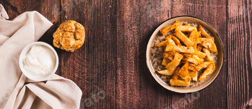 Preview: Fried celery root on a plate and sauce in a bowl on the table top view web banner