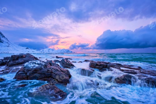 Preview: Norwegian Sea waves on rocky coast of Lofoten islands, Norway