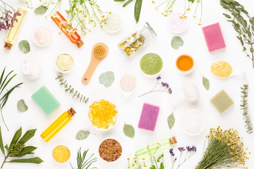 Preview: Spa aromatherapy floral background, flat lay.