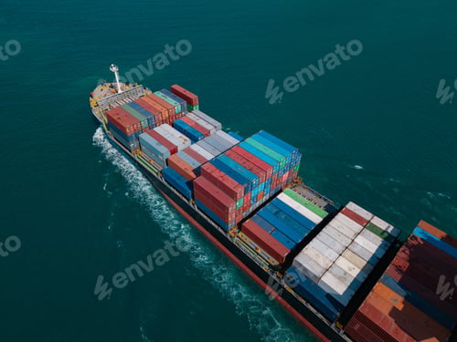 Preview: Large cargo ship transporting colorful containers across ocean