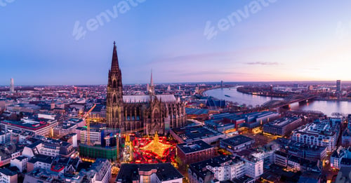 Preview: Cologne Germany Christmas market, aerial drone view over Cologne rhine river Germany Cathedral