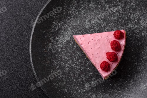 Vista previa: Raspberry or strawberry cheesecake, a slice of sweet red cake with berries. Raspberry cheesecake