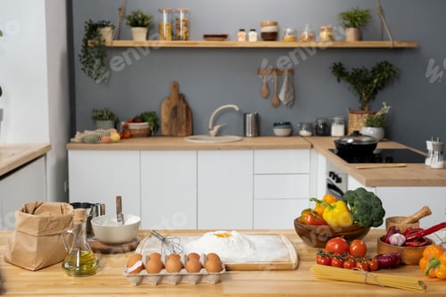 Preview: Interior of kitchen with table and fresh vegetables