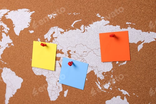 Preview: World Map Bulletin Board With Colorful Sticky Notes Marking Travel Plans Or Business Locations