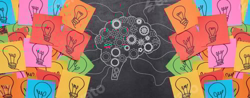 Preview: Silhouette of a brain with wheels and paper stickers with a drawn electric lamp