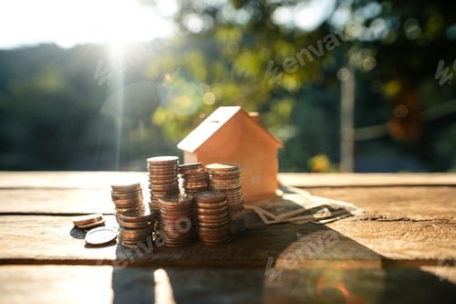 Preview: Saving money home, stacked money and savings house on the table