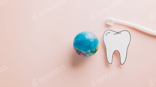Preview: World Dentist Day concept: paper tooth, toothbrush, and world on pink. Promoting dental health