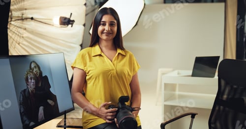Preview: Portrait, photographer and woman with camera, smile and confident of decision for project or pictur