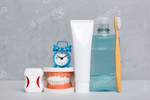 Preview: Mouthwash and other oral hygiene products on colored table top view with copy space.