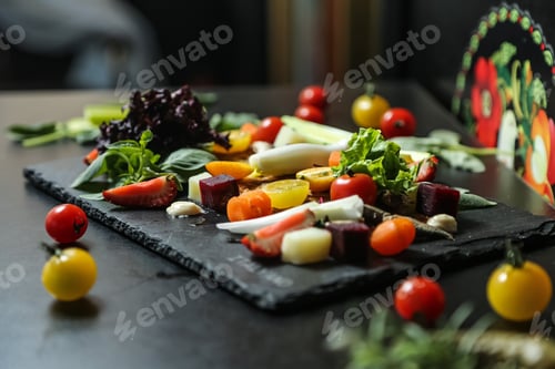 Preview: side view assorted chopped vegetables tomatoes greens carrots on a stand