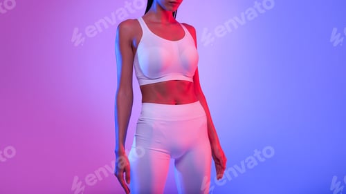 Preview: Unrecognizable Fitness Lady With Perfect Body Standing, Neon Background