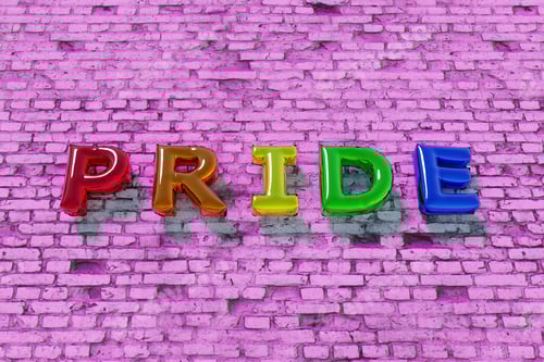 Preview: pride word in 3D of colorful balloons on pink brick background
