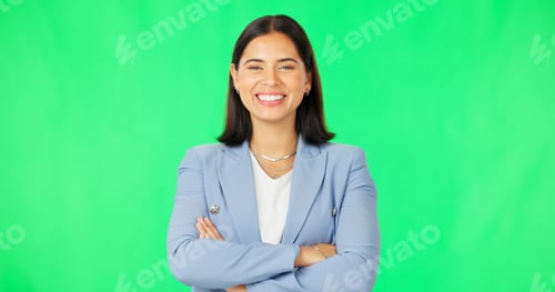 Preview: Business, happy woman and face with arms crossed on green screen background for confidence. Portrai