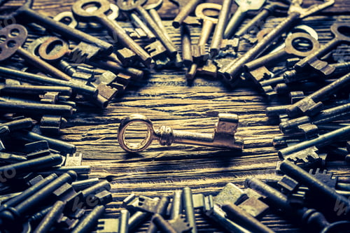 Preview: Aged locks nad keys on old wooden table