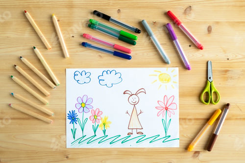 Preview: Drawing of child or schoolkid of elementary school lying on wooden table