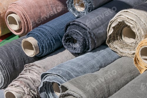 Preview: Rolls of linen canvas textile on market stall