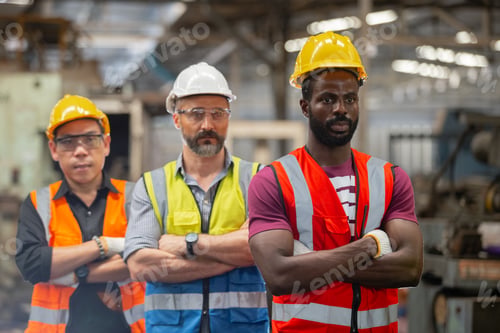 Preview: group of engineer professional successful team corporate workers standing in factory.