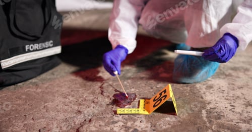 Preview: Person, hands and swab for investigation at crime scene, blood sample and discovery of dna marker.
