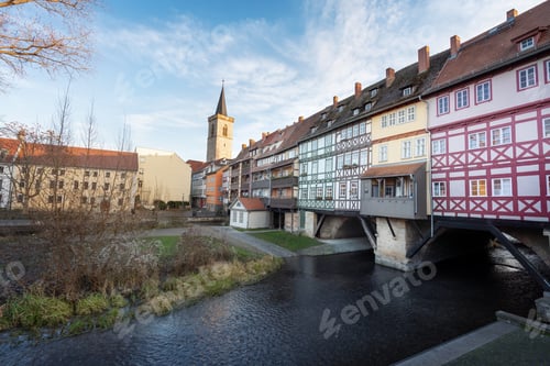 Preview: Merchants Bridge (Krämerbrücke) and Agidienkirche Church Tower - Erfurt, Thuringia, Germany