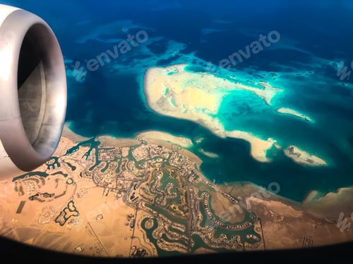 Preview: Aerial top view from airplane coastline Egyptian Desert islands