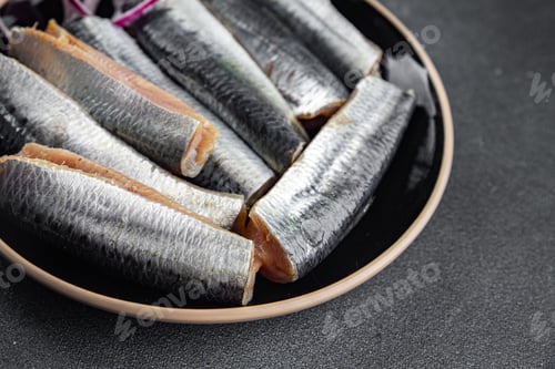 Preview: Sardines salted fish delicious gourmet food background on the table rustic food top view copy space