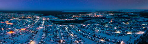 Preview: Aerial View Of Town Skyline Winter Night. Snowy Landscape Cityscape Skyline. panorama, panoramic