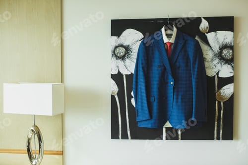 Preview: Blue men's wedding suit during the groom's gathering