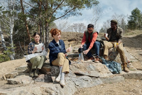 Preview: Diverse Young Adults Sitting Outdoors Sharing Food and Drinks during Picnic