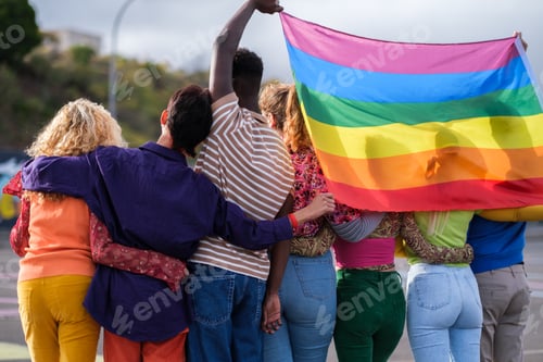 Preview: Group of young people from behind holding the LGBTI rainbow flag