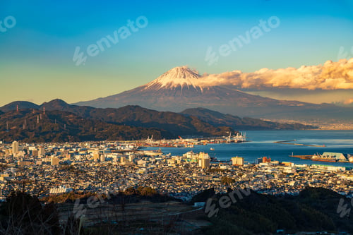Preview: Mountain Fuji and Shimizu port in a background during sunset, Shizuoka city, Japan