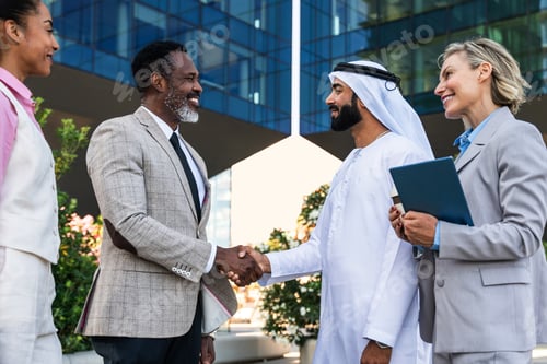 Preview: Group of multiethnic business people meeting an emirati businessman