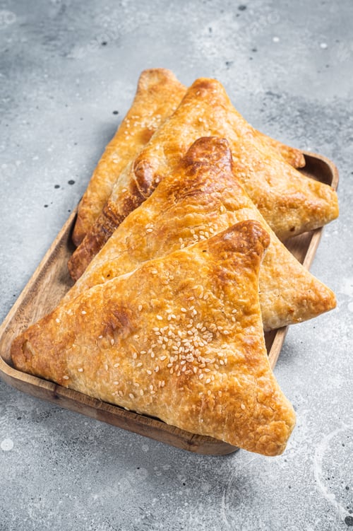 Preview: Samosa, samsa meat stuffed oriental pies. Gray background. Top view
