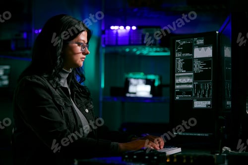 Preview: Low Key Lighting Shot Of Female Computer Hacker Sitting In Front Of Screens Breaching Cyber Security