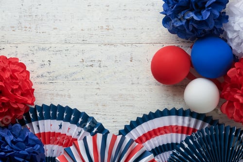 Preview: 4th of July background. USA paper fans, Red, blue, white stars, balloons, gold confetti on white wo