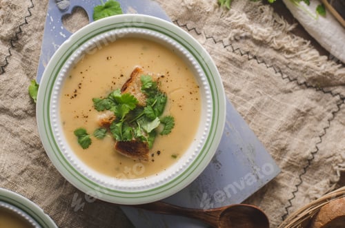 Preview: Creamy mushroom soup with fresh herbs garlic croutons